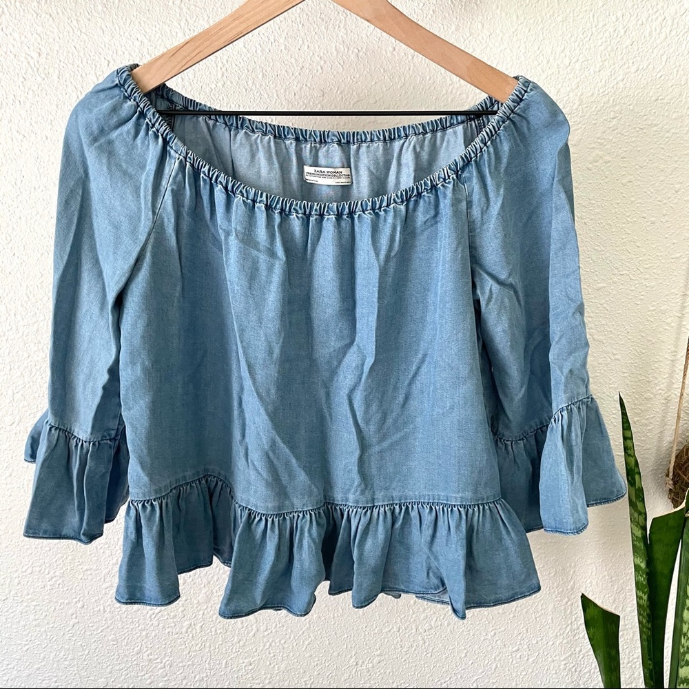 Zara peasant top blue chambray - Picture 1 of 5